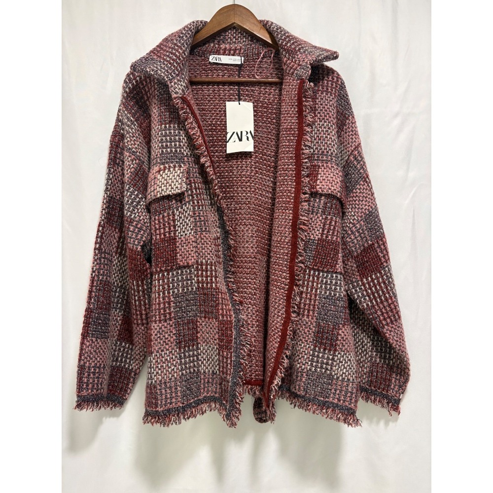 Zara Pink Metallic Tweed Plaid Fringe Belted Shirt Jacket Size M NWT - Picture 7 of 13